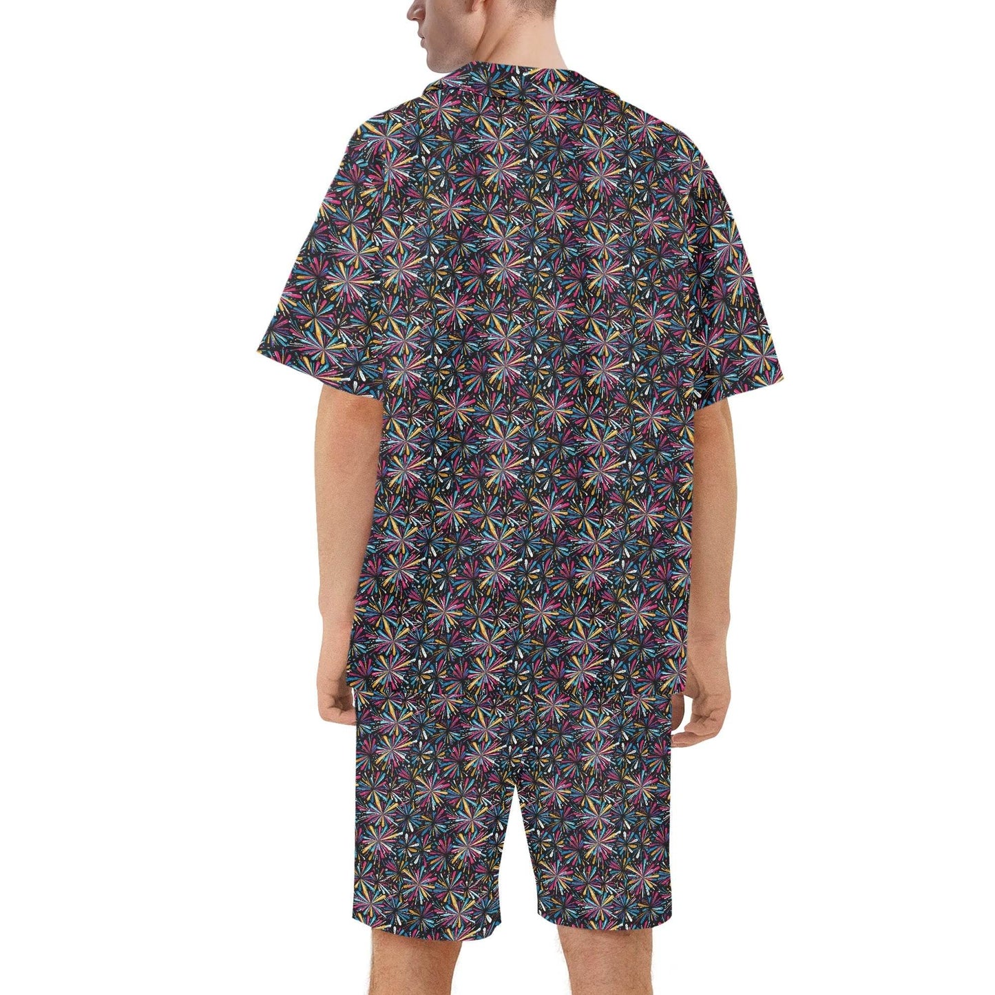 Men's Regular Fit Colorful Fireworks Hawaiian Short Sleeve Shirt and Shorts Set - DeRose Seasonal