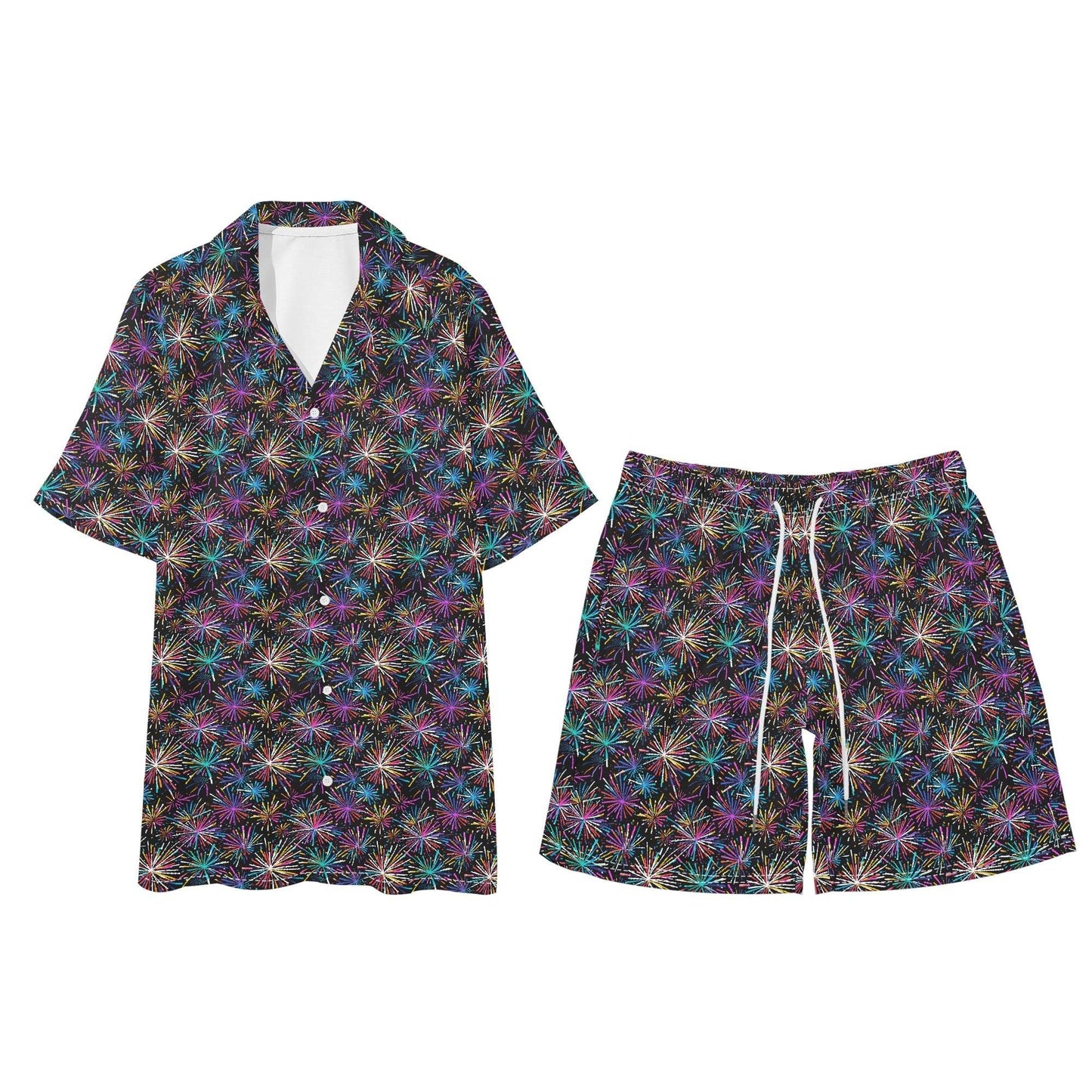 Men's Regular Fit Sharp Fireworks Hawaiian Short Sleeve Shirt and Shorts Set - DeRose Seasonal