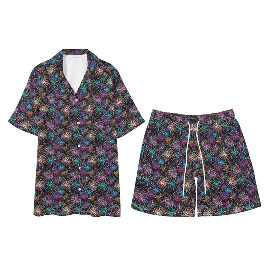 Men's Regular Fit Sharp Fireworks Hawaiian Short Sleeve Shirt and Shorts Set - DeRose Seasonal