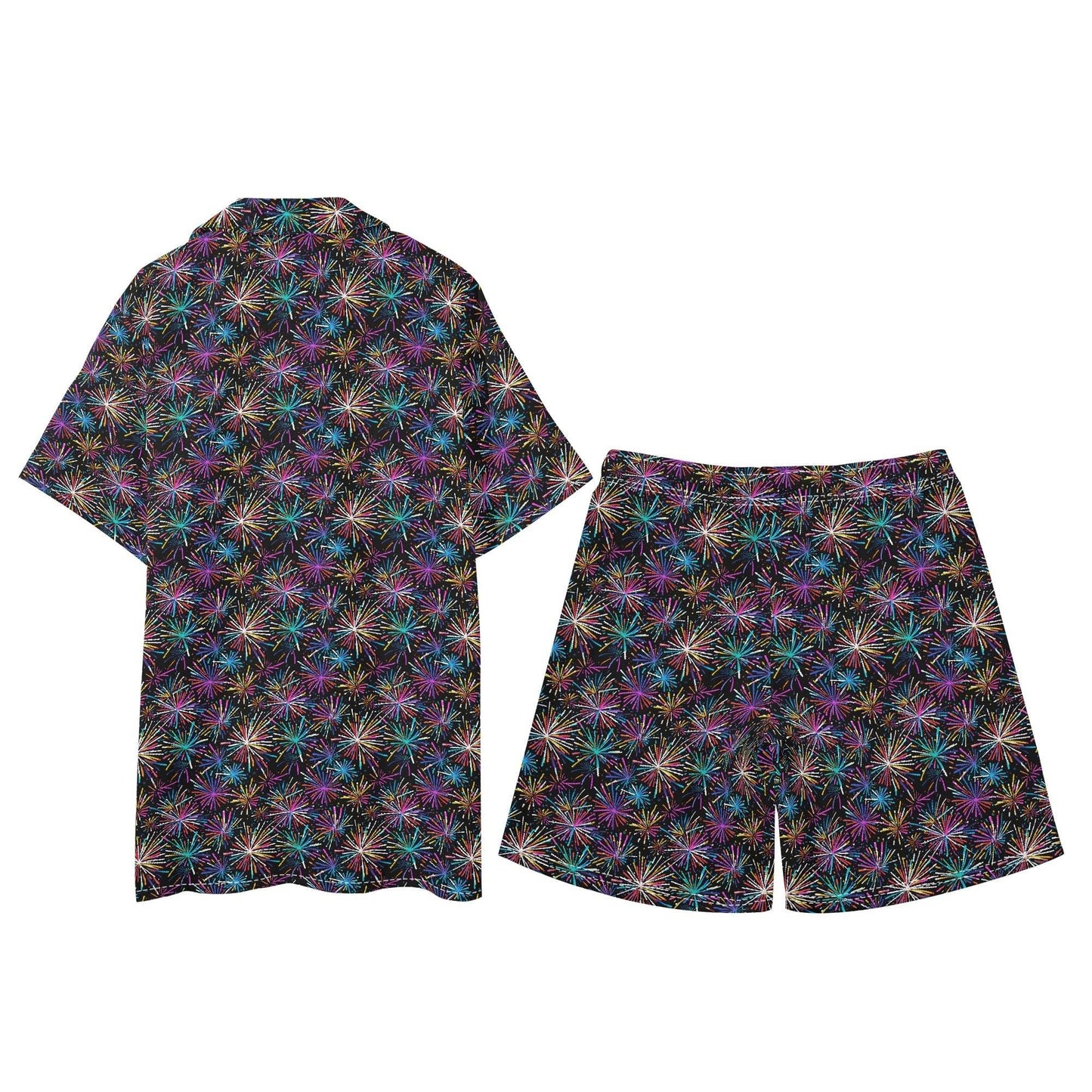 Men's Regular Fit Sharp Fireworks Hawaiian Short Sleeve Shirt and Shorts Set - DeRose Seasonal