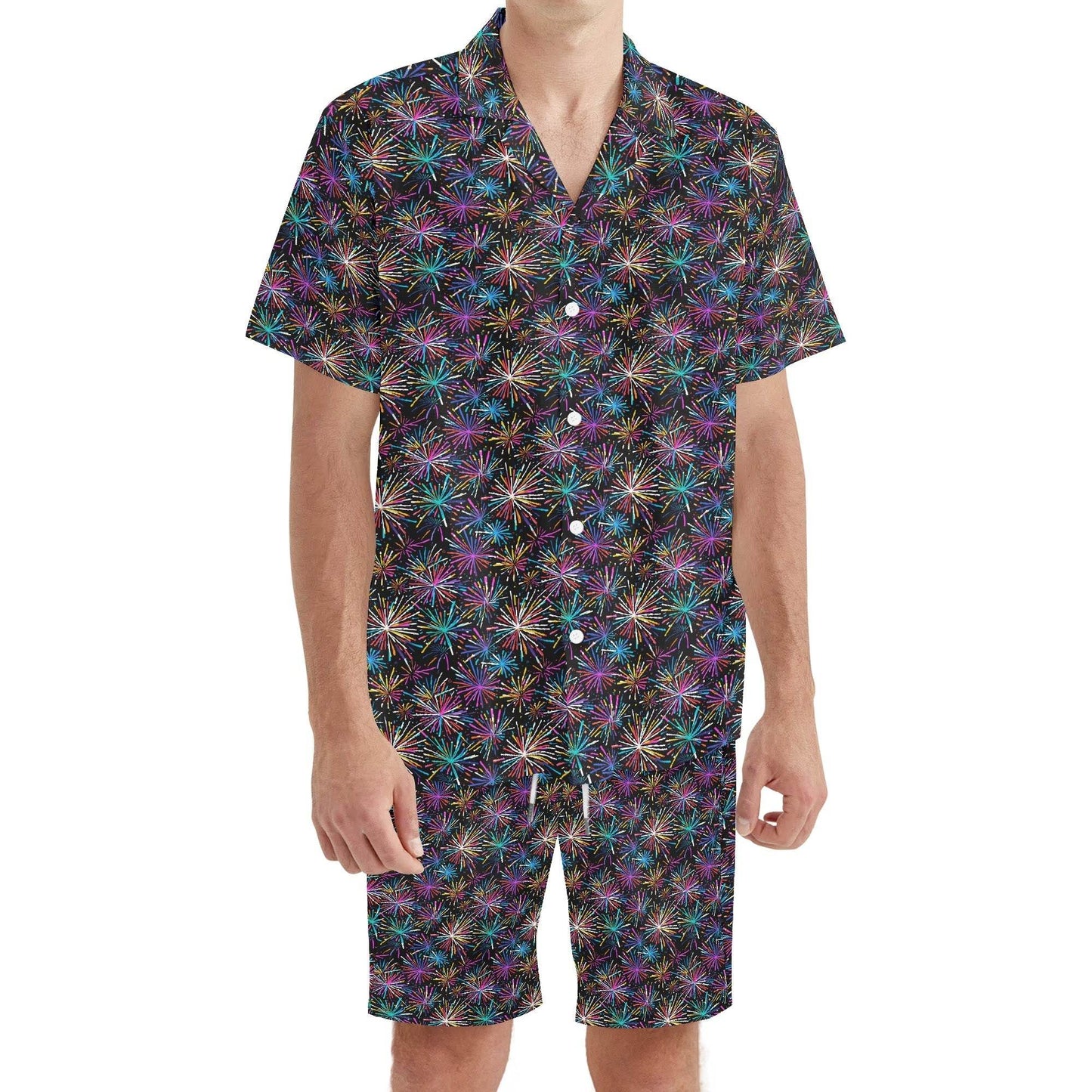 Men's Regular Fit Sharp Fireworks Hawaiian Short Sleeve Shirt and Shorts Set - DeRose Seasonal
