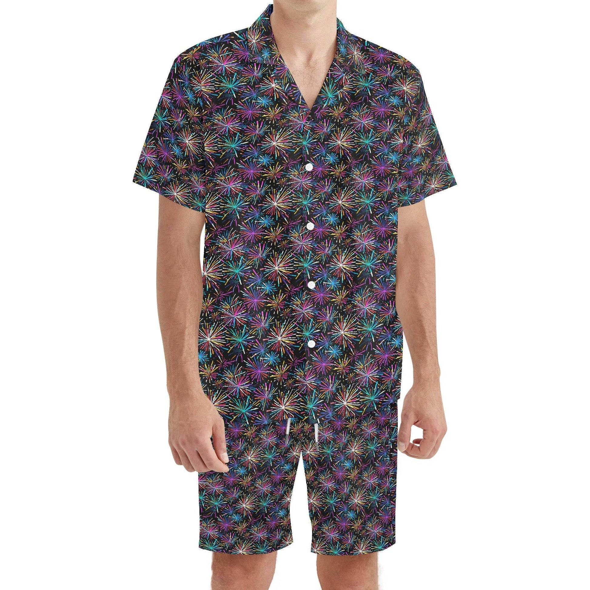 Men's Regular Fit Sharp Fireworks Hawaiian Short Sleeve Shirt and Shorts Set - DeRose Seasonal