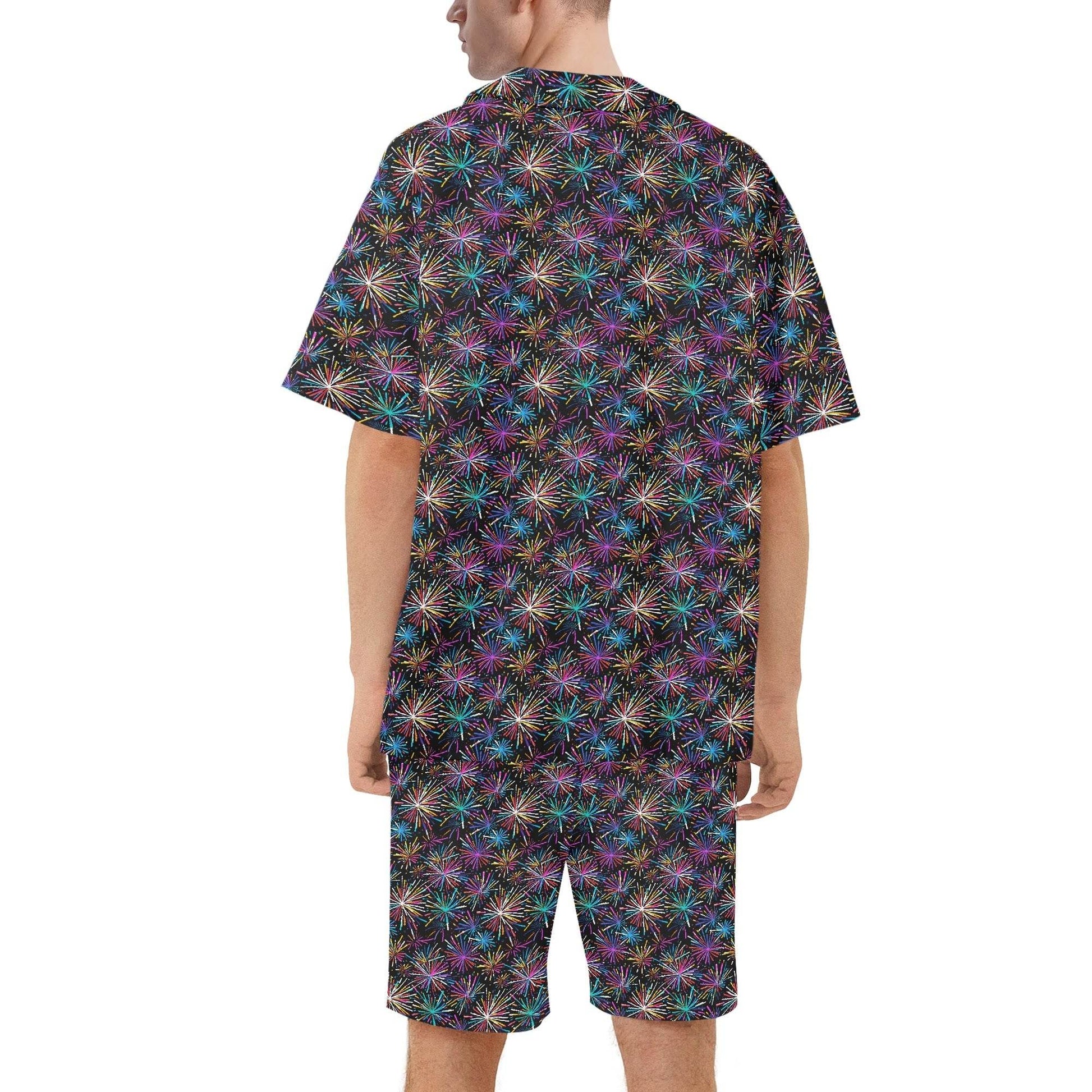 Men's Regular Fit Sharp Fireworks Hawaiian Short Sleeve Shirt and Shorts Set - DeRose Seasonal