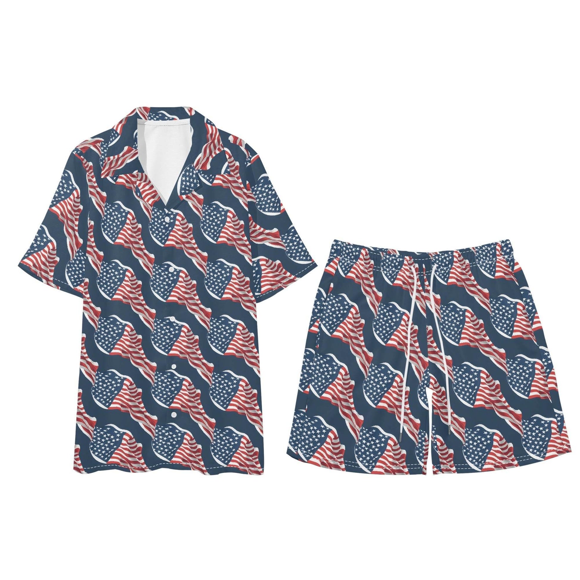 Men's Regular Fit Wavy Flag USA Short Sleeve Shirt and Shorts Set - DeRose Seasonal
