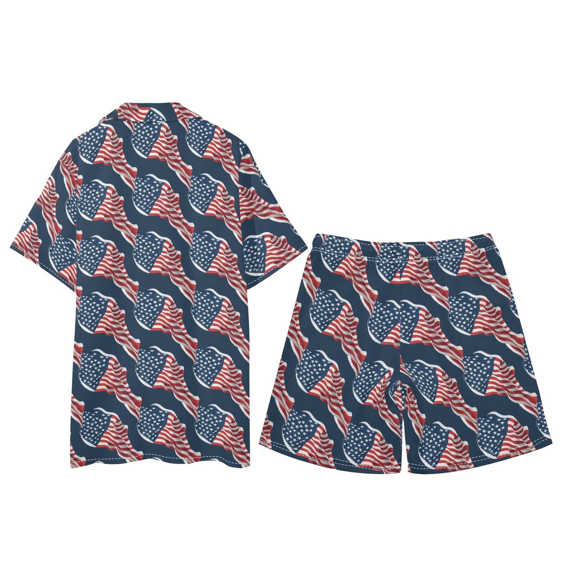 Men's Regular Fit Wavy Flag USA Short Sleeve Shirt and Shorts Set - DeRose Seasonal