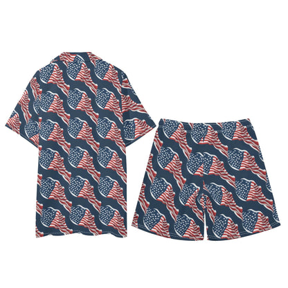 Men's Regular Fit Wavy Flag USA Short Sleeve Shirt and Shorts Set - DeRose Seasonal