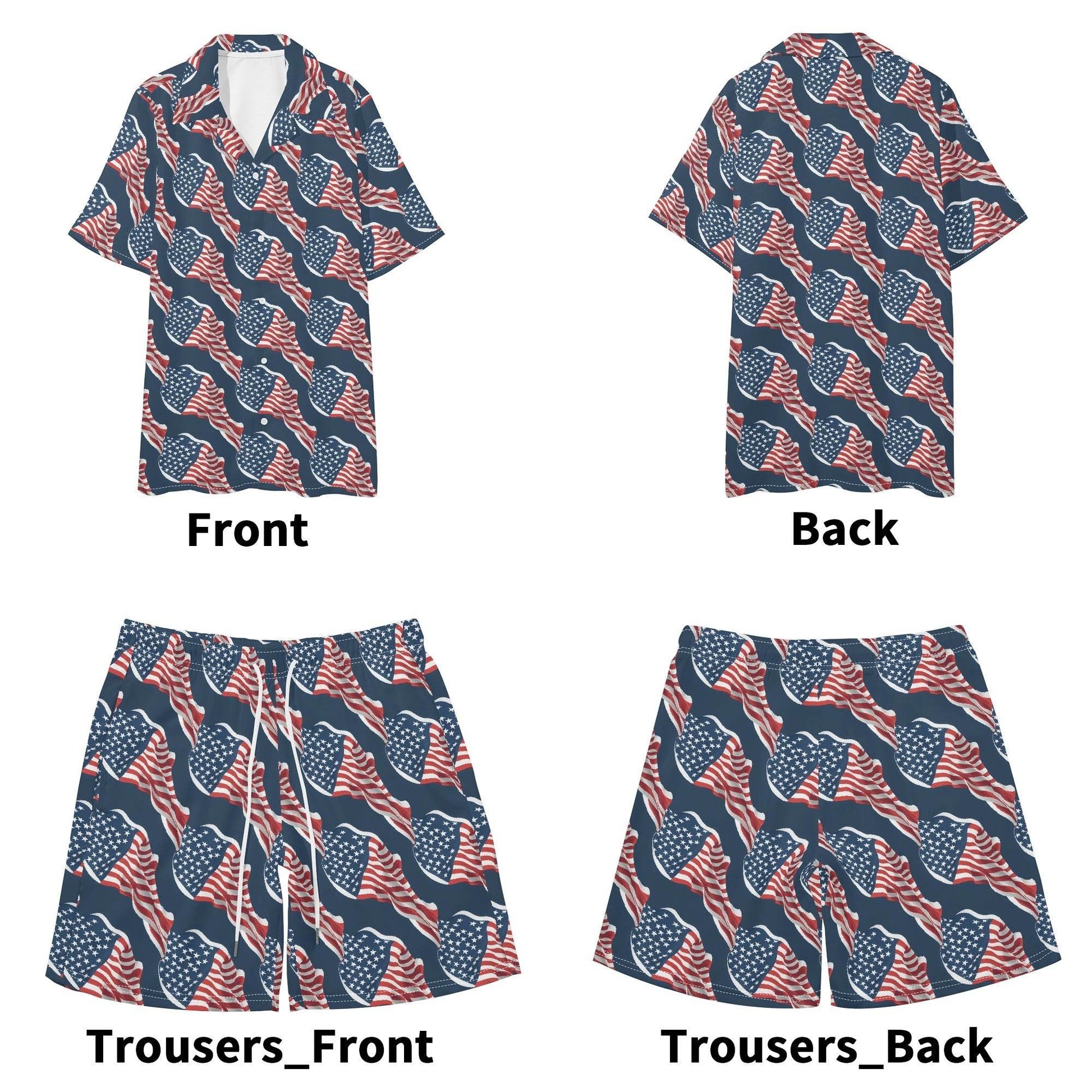 Men's Regular Fit Wavy Flag USA Short Sleeve Shirt and Shorts Set - DeRose Seasonal