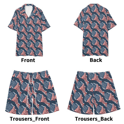 Men's Regular Fit Wavy Flag USA Short Sleeve Shirt and Shorts Set - DeRose Seasonal