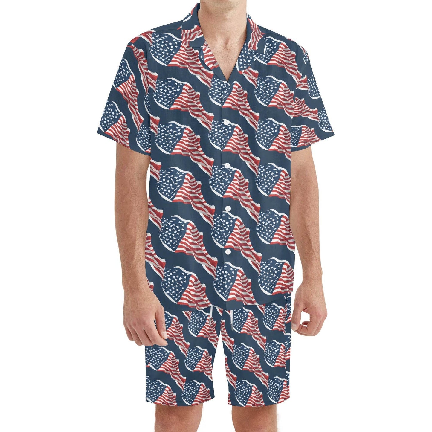 Men's Regular Fit Wavy Flag USA Short Sleeve Shirt and Shorts Set - DeRose Seasonal