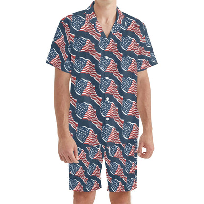 Men's Regular Fit Wavy Flag USA Short Sleeve Shirt and Shorts Set - DeRose Seasonal