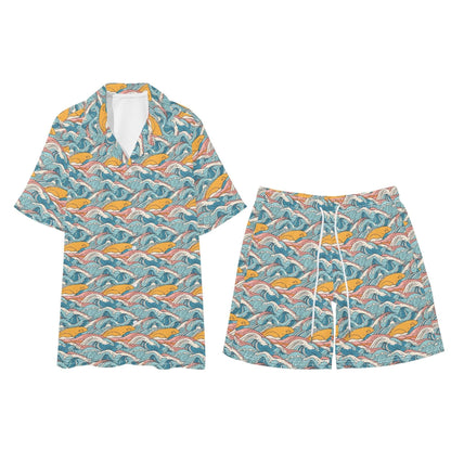 Men's Regular Fit Sun in the Waves Hawaiian Short Sleeve Shirt and Shorts Set - DeRose Seasonal
