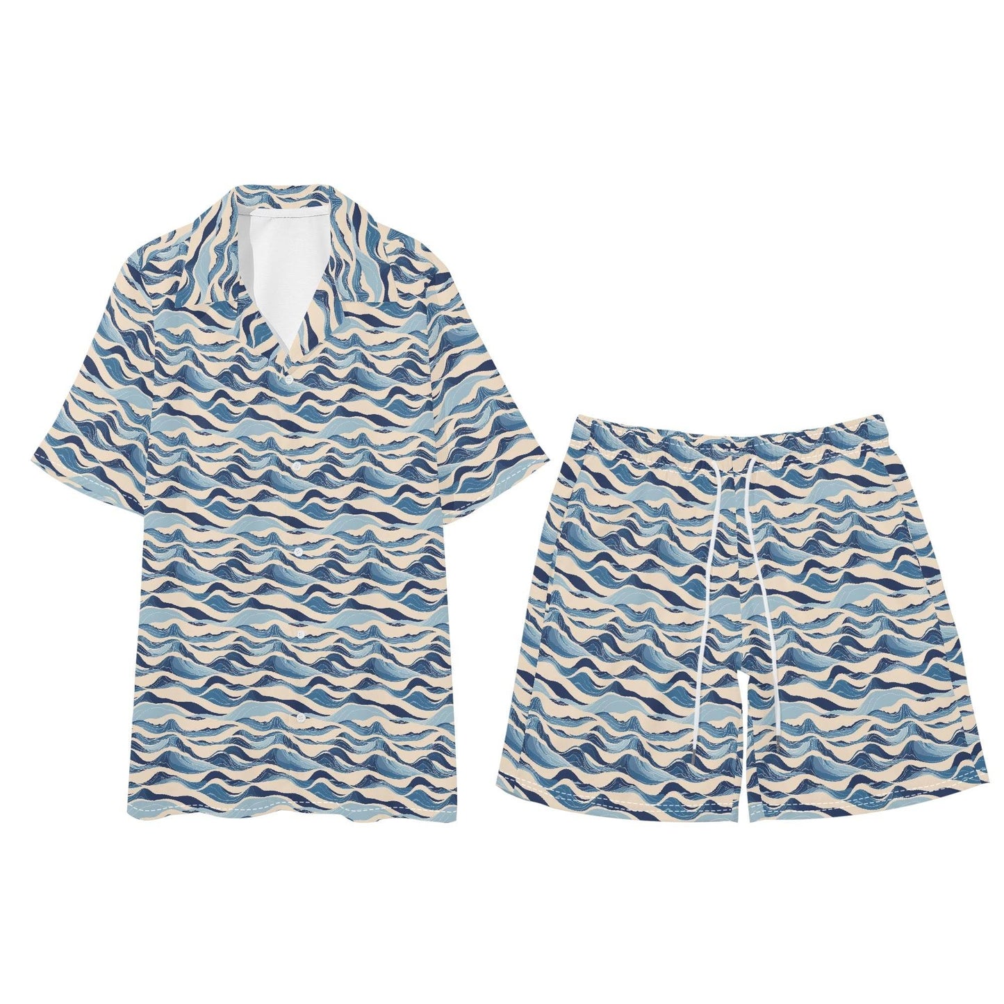 Men's Regular Fit Blue Waves Hawaiian Short Sleeve Shirt and Shorts Set - DeRose Seasonal
