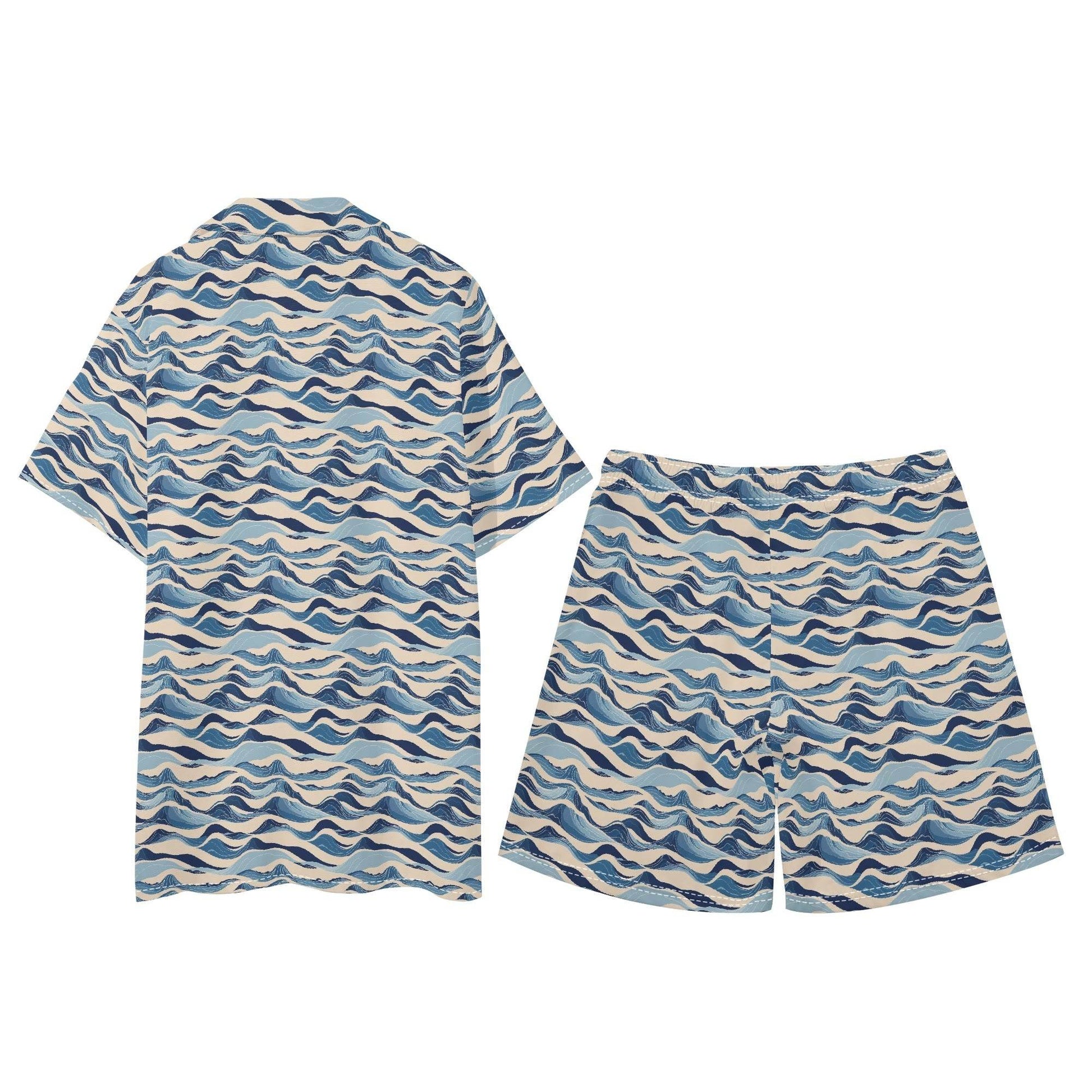 Men's Regular Fit Blue Waves Hawaiian Short Sleeve Shirt and Shorts Set - DeRose Seasonal