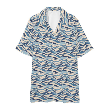 Men's Regular Fit Blue Waves Hawaiian Short Sleeve Shirt and Shorts Set - DeRose Seasonal