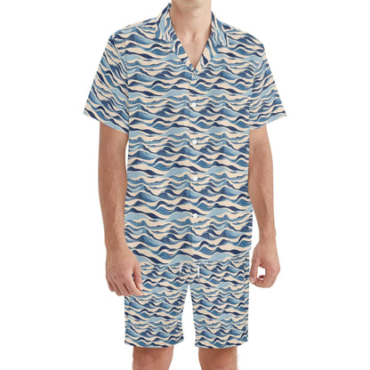 Men's Regular Fit Blue Waves Hawaiian Short Sleeve Shirt and Shorts Set - DeRose Seasonal