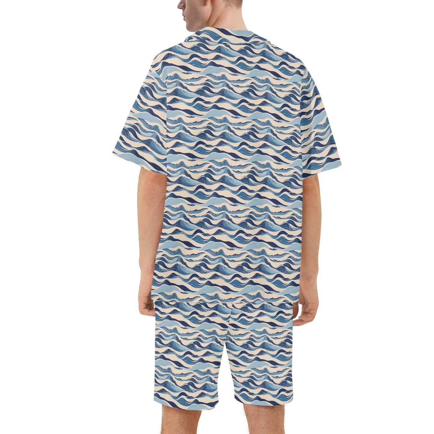 Men's Regular Fit Blue Waves Hawaiian Short Sleeve Shirt and Shorts Set - DeRose Seasonal
