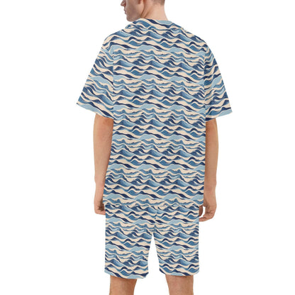 Men's Regular Fit Blue Waves Hawaiian Short Sleeve Shirt and Shorts Set - DeRose Seasonal