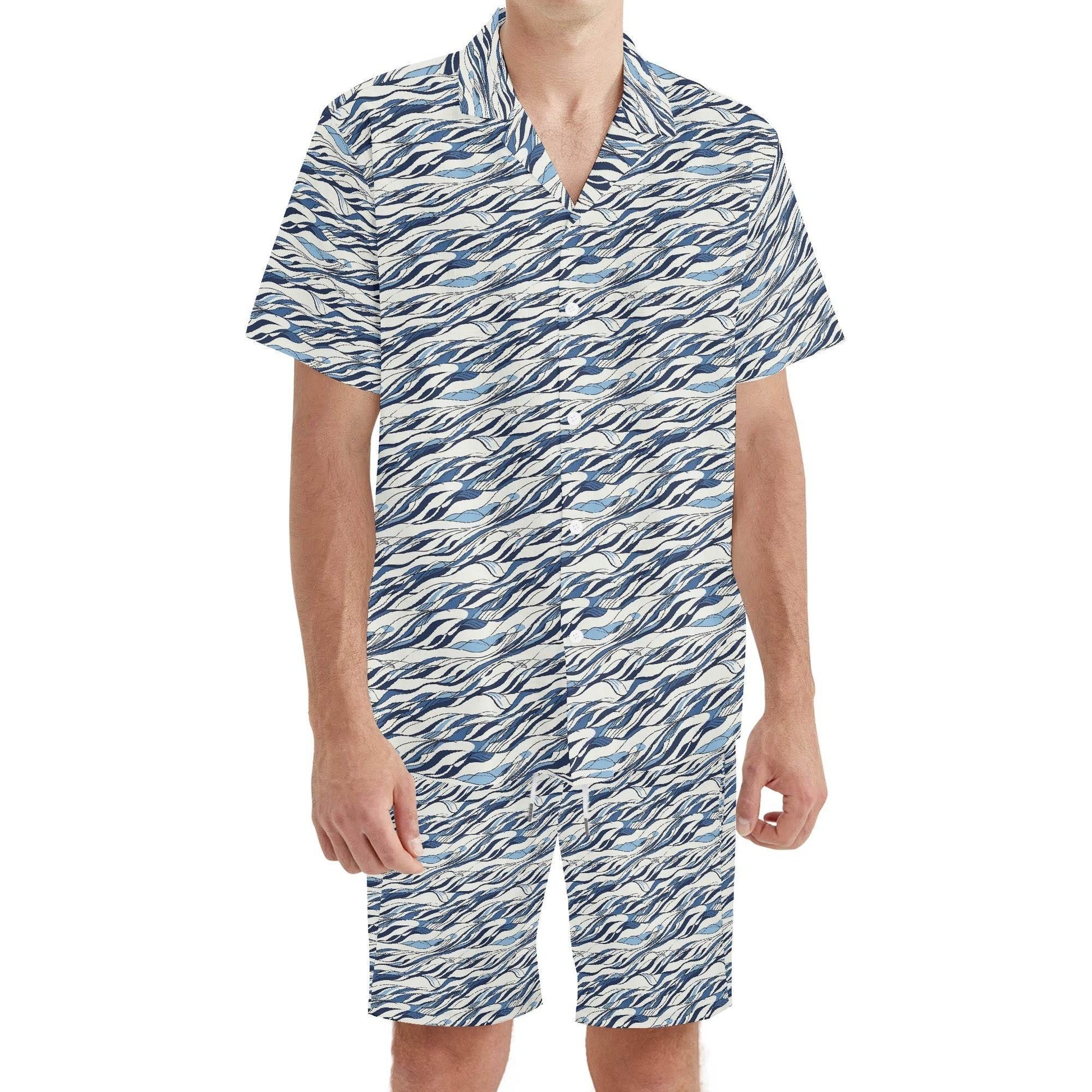Men's Regular Fit Ocean Lines Hawaiian Short Sleeve Shirt and Shorts Set - DeRose Seasonal