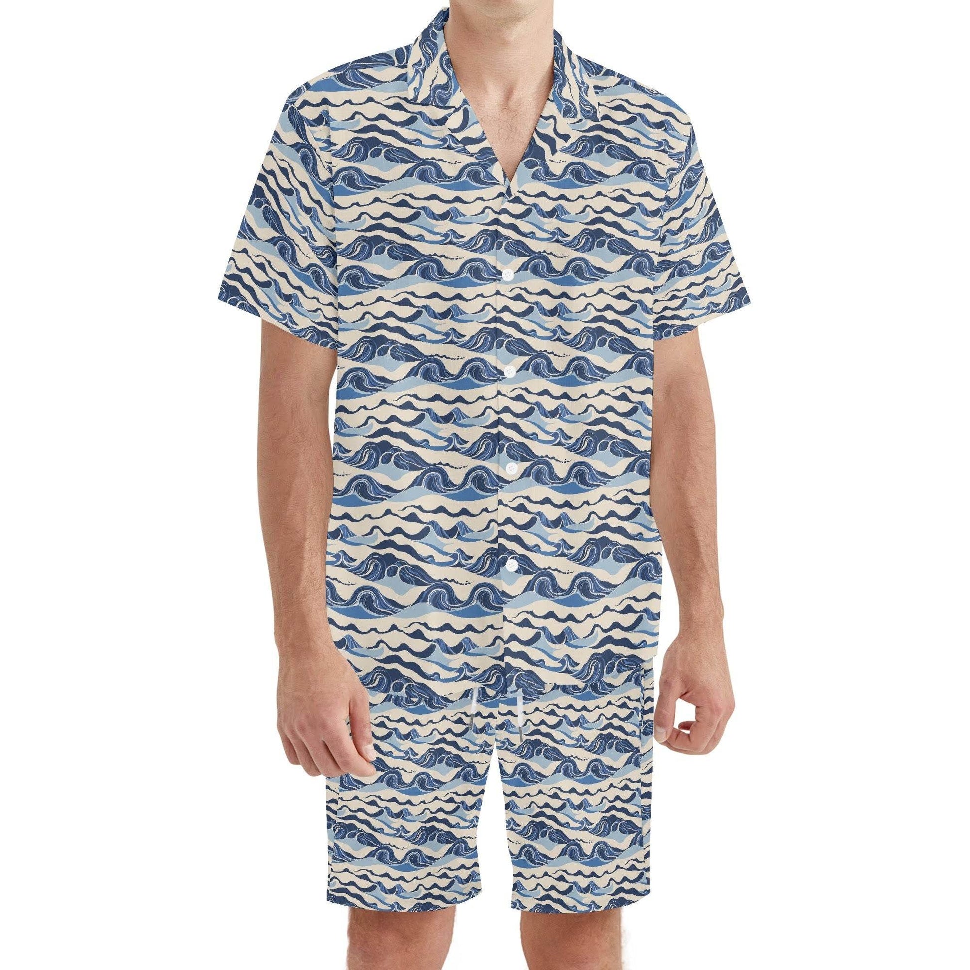 Men's Regular Fit Abstract Waves Hawaiian Short Sleeve Shirt and Shorts Set - DeRose Seasonal