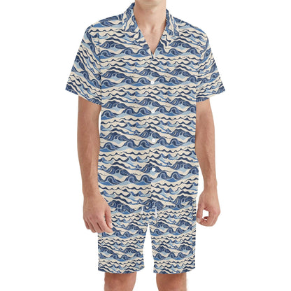 Men's Regular Fit Abstract Waves Hawaiian Short Sleeve Shirt and Shorts Set - DeRose Seasonal