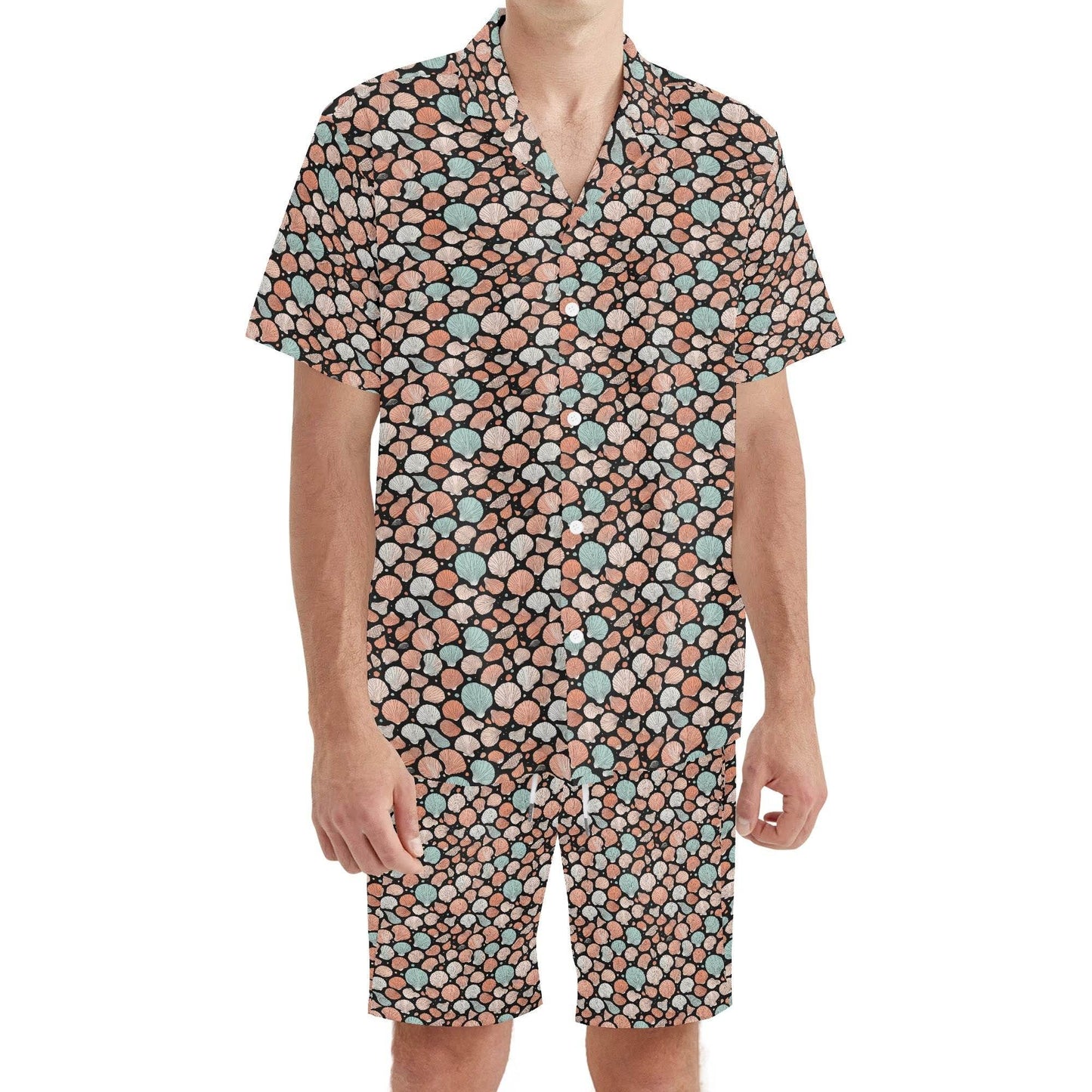 Men's Regular Fit Seashells Hawaiian Short Sleeve Shirt and Shorts Set - DeRose Seasonal