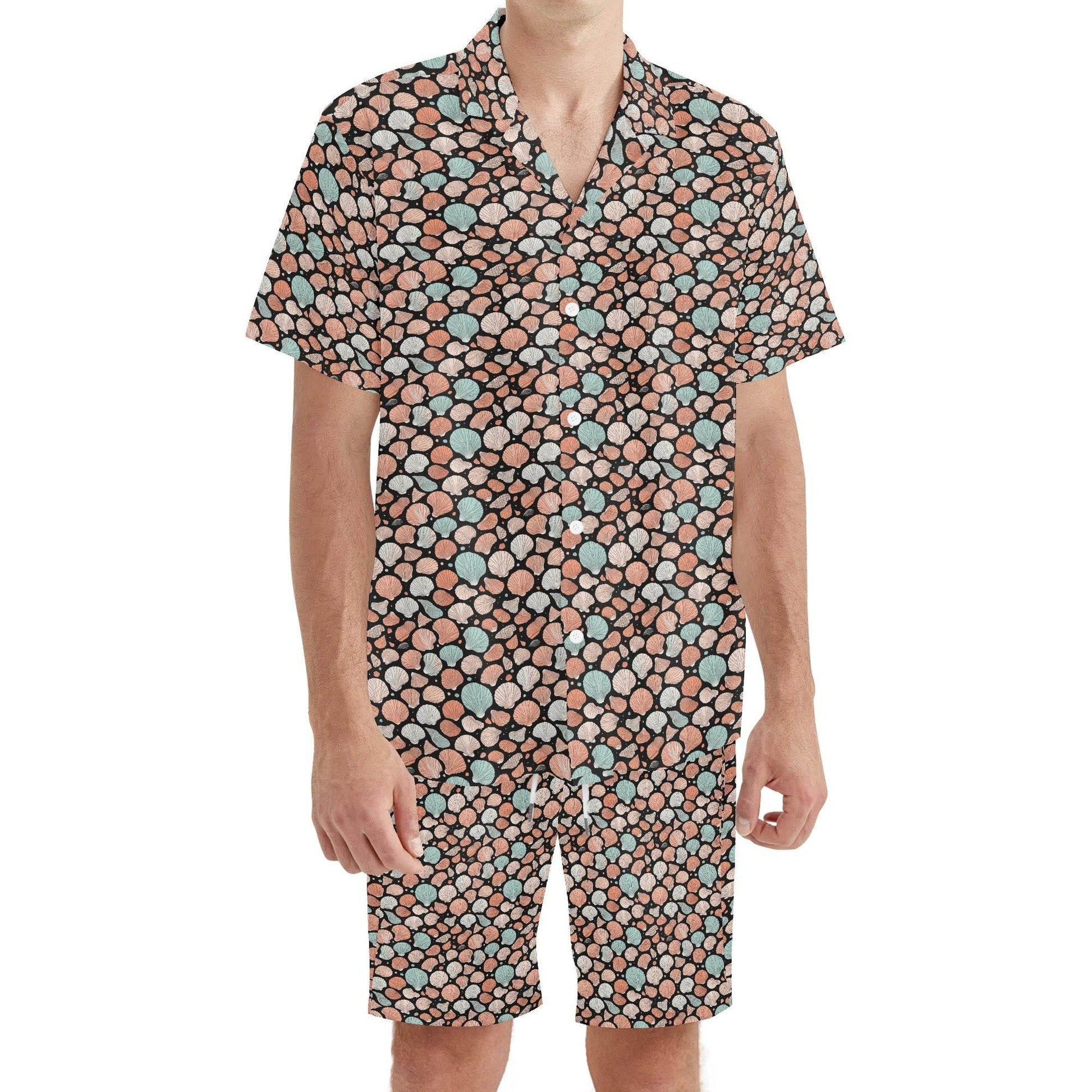 Men's Regular Fit Seashells Hawaiian Short Sleeve Shirt and Shorts Set - DeRose Seasonal