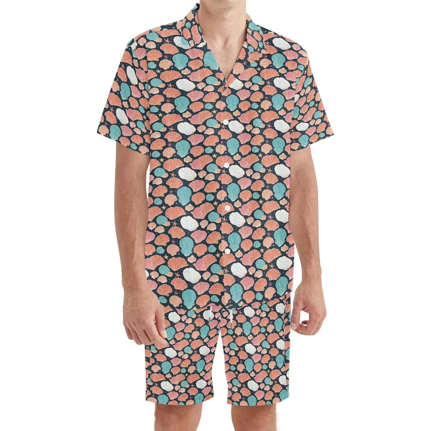 Men's Regular Fit Big Shells and Stars Hawaiian Short Sleeve Shirt and Shorts Set - DeRose Seasonal