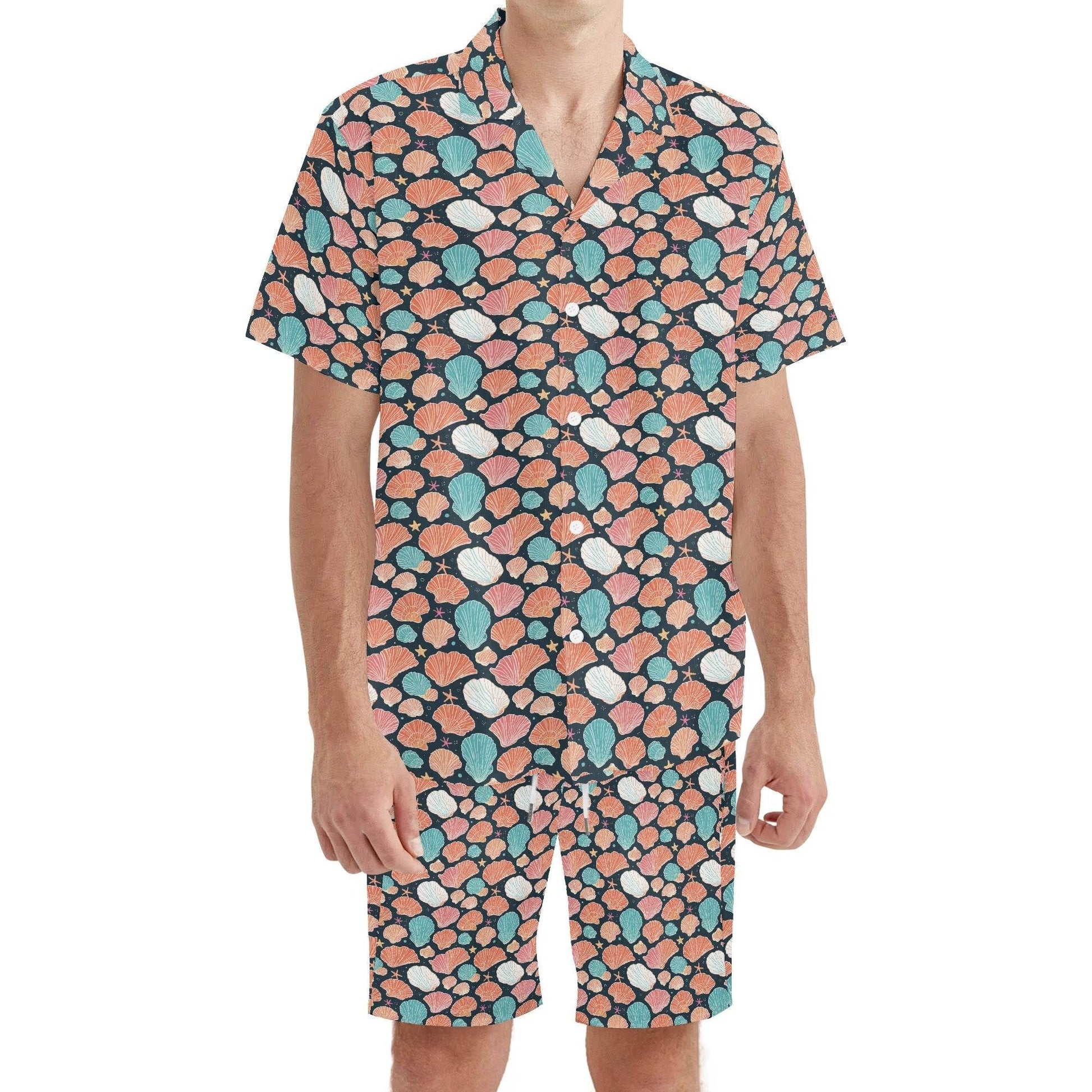 Men's Regular Fit Big Shells and Stars Hawaiian Short Sleeve Shirt and Shorts Set - DeRose Seasonal