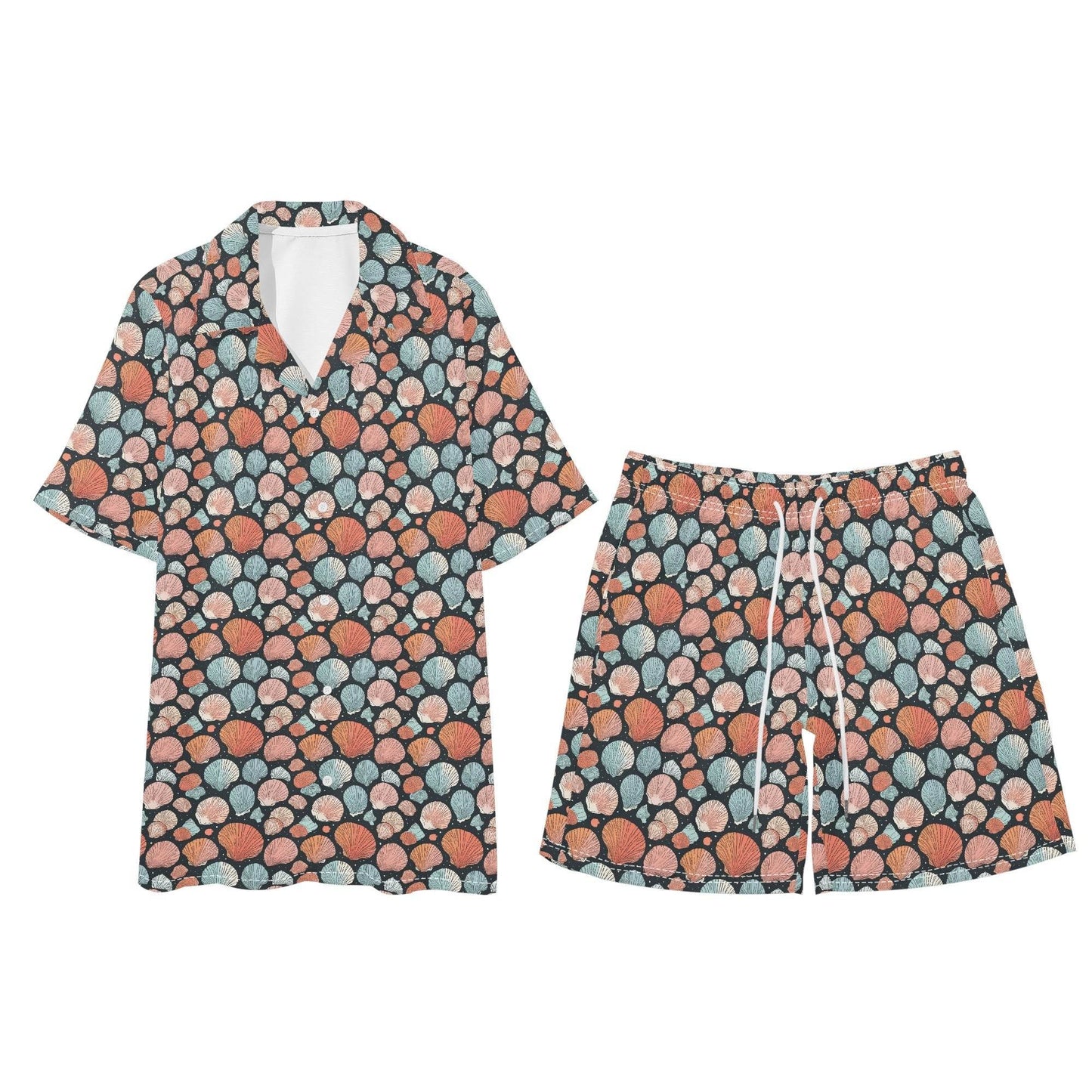 Men's Regular Fit Big Shells Hawaiian Short Sleeve Shirt and Shorts Set - DeRose Seasonal