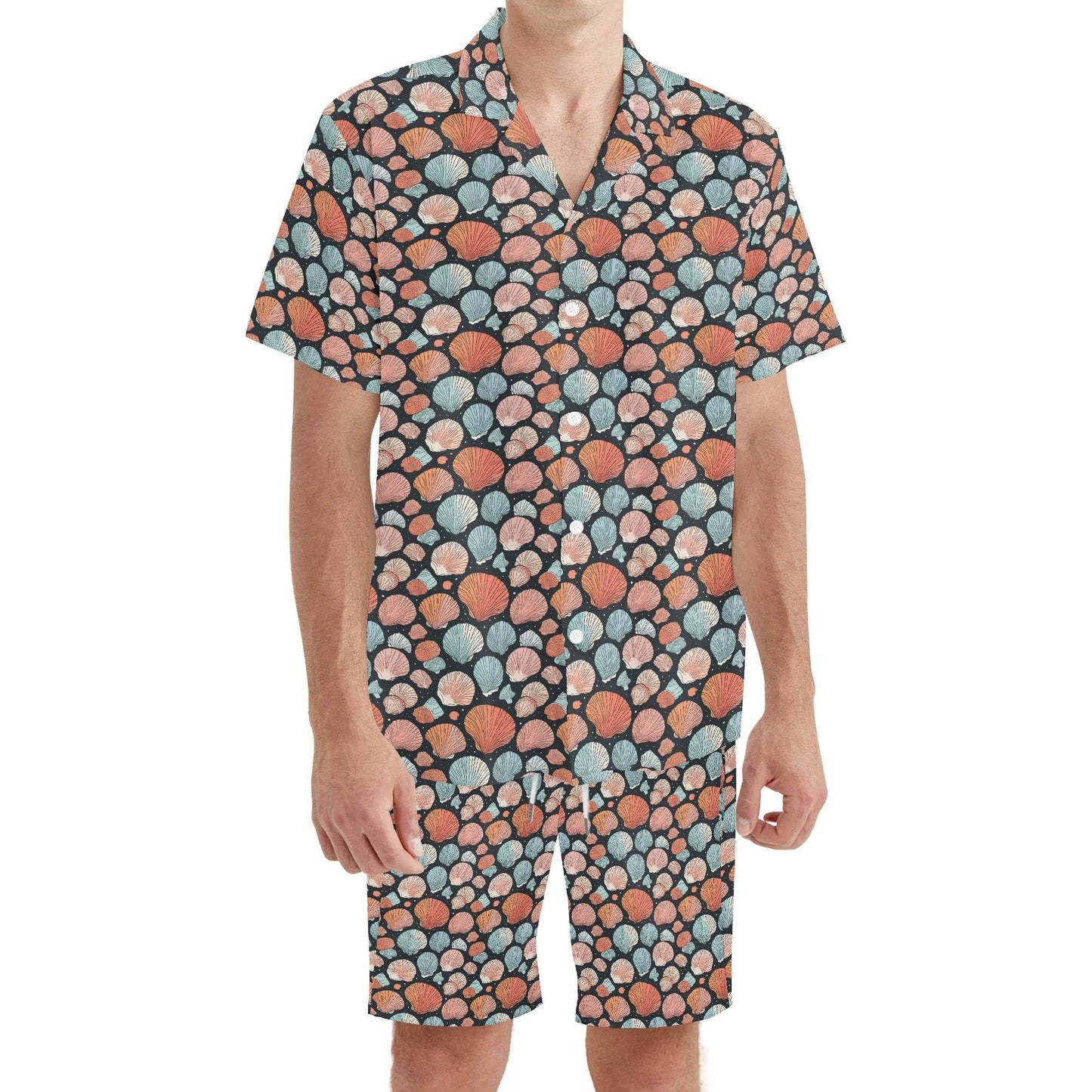 Men's Regular Fit Big Shells Hawaiian Short Sleeve Shirt and Shorts Set - DeRose Seasonal