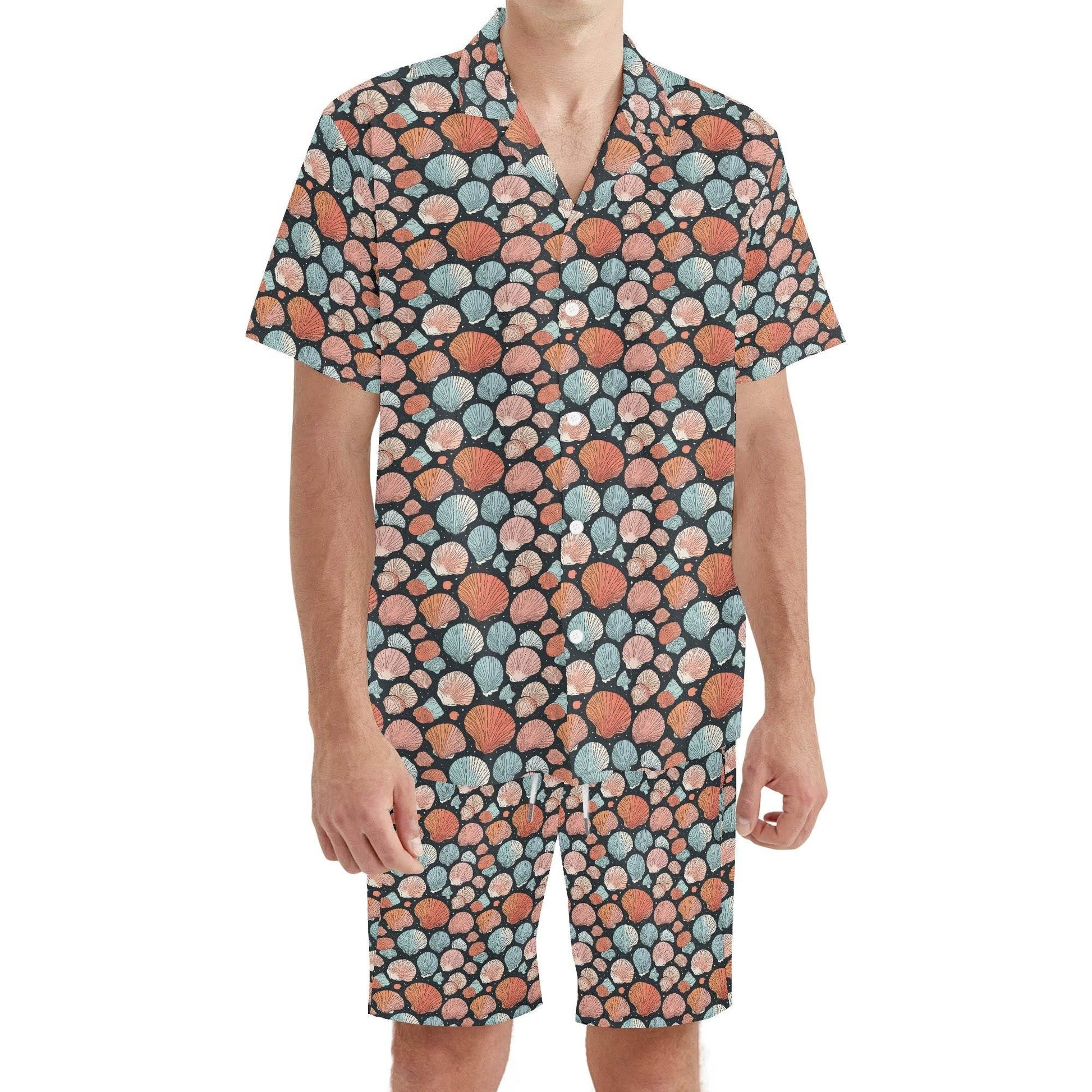 Men's Regular Fit Big Shells Hawaiian Short Sleeve Shirt and Shorts Set - DeRose Seasonal