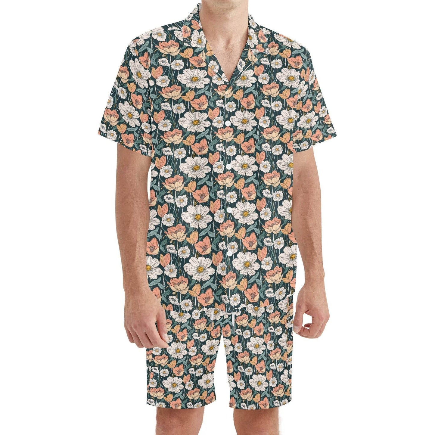 Men's Regular Fit Tulips and Daisy's Hawaiian Short Sleeve Shirt and Shorts Set - DeRose Seasonal