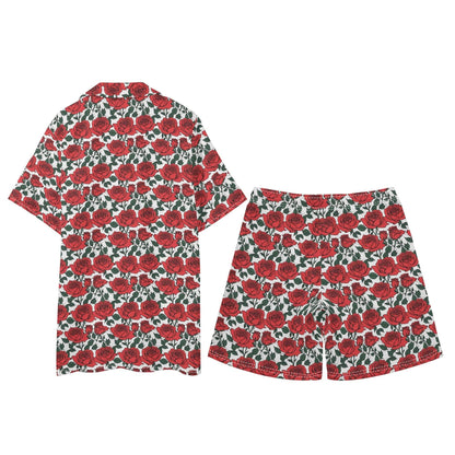 Men's Regular Fit Red Leafy Rose Hawaiian Short Sleeve Shirt and Shorts Set - DeRose Seasonal