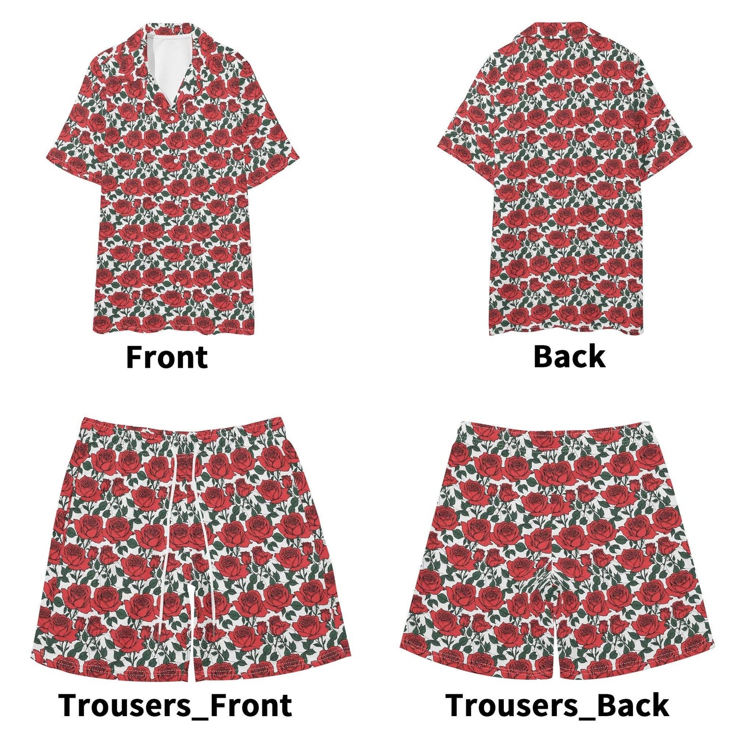 Men's Regular Fit Red Leafy Rose Hawaiian Short Sleeve Shirt and Shorts Set - DeRose Seasonal