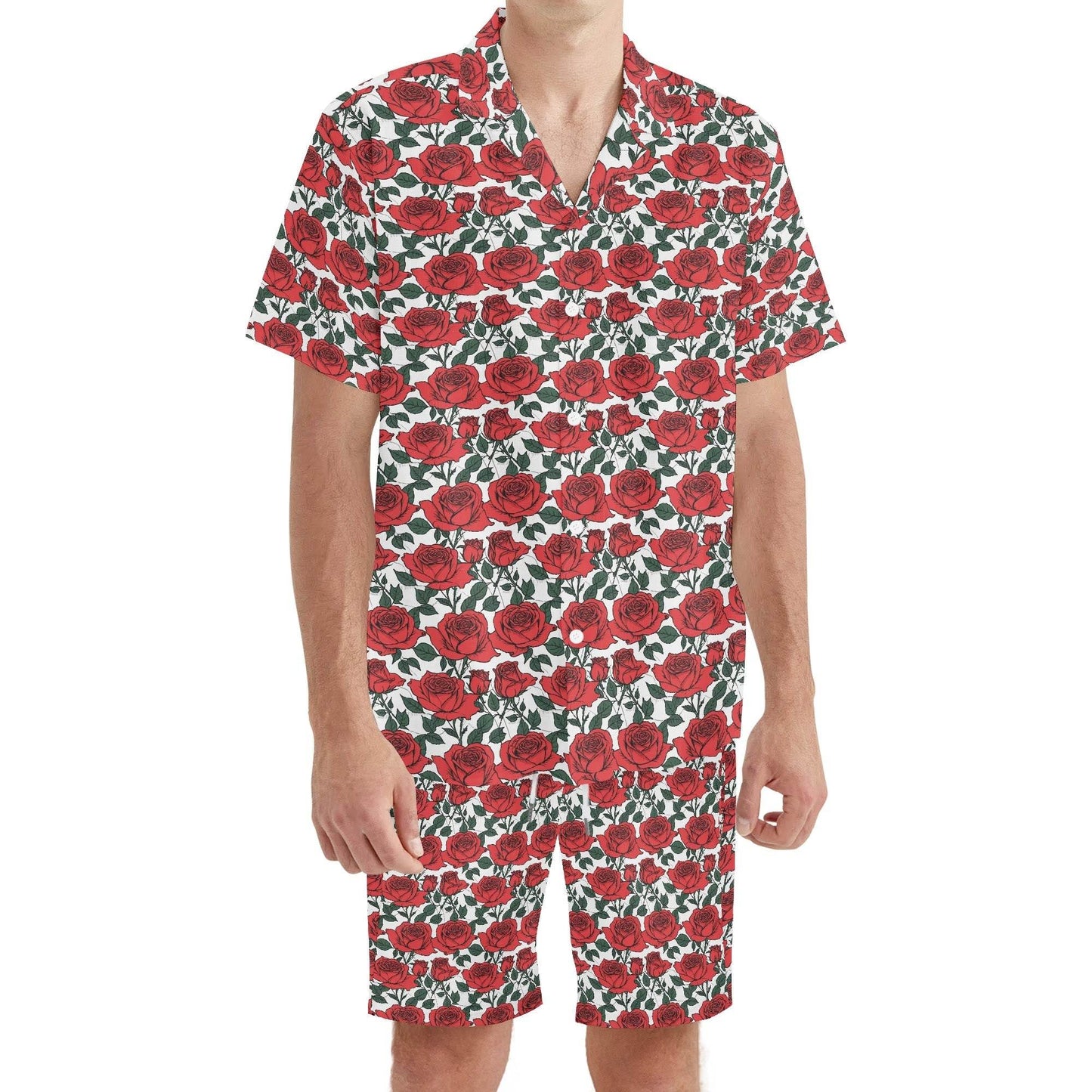 Men's Regular Fit Red Leafy Rose Hawaiian Short Sleeve Shirt and Shorts Set - DeRose Seasonal