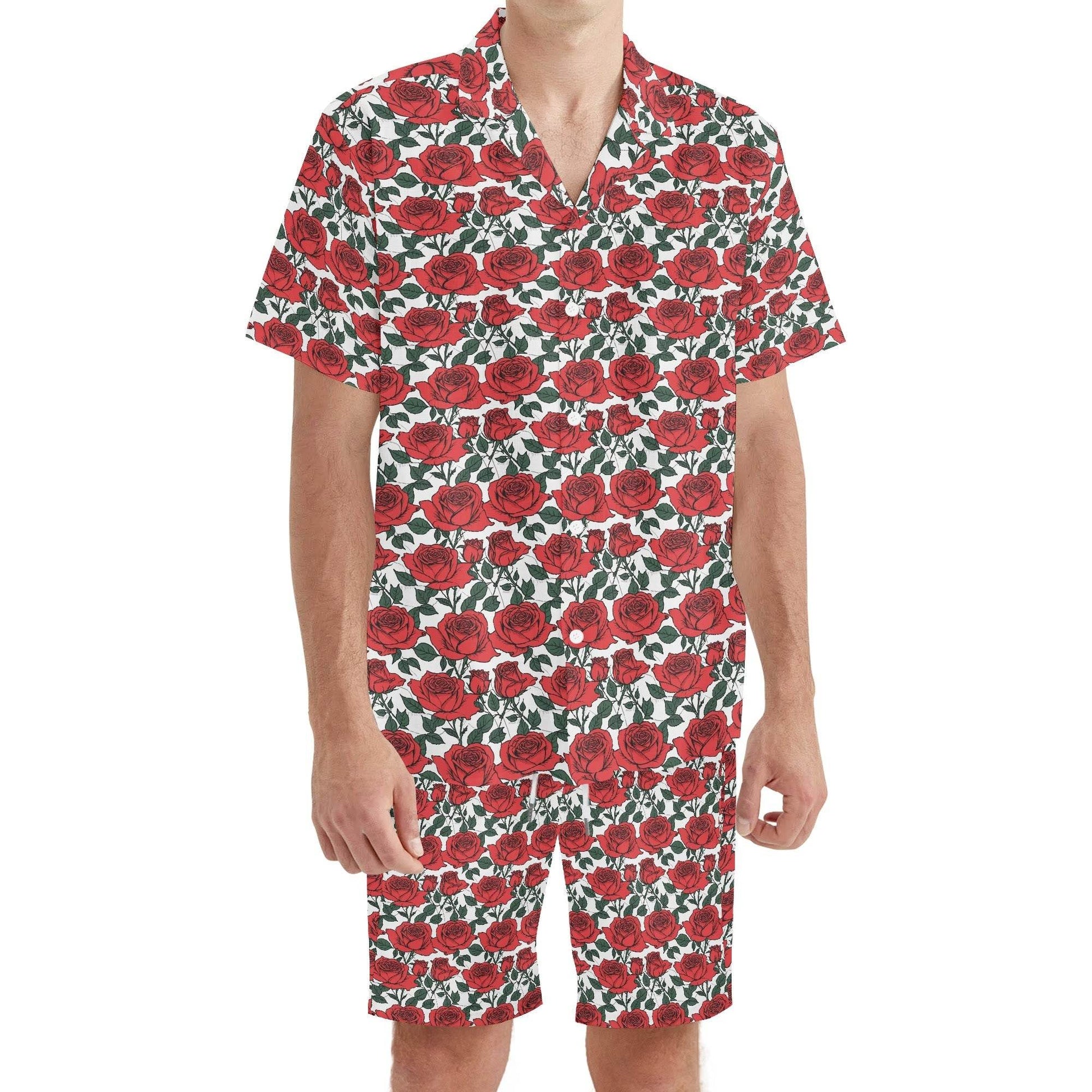 Men's Regular Fit Red Leafy Rose Hawaiian Short Sleeve Shirt and Shorts Set - DeRose Seasonal