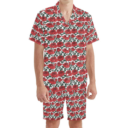 Men's Regular Fit Red Leafy Rose Hawaiian Short Sleeve Shirt and Shorts Set - DeRose Seasonal