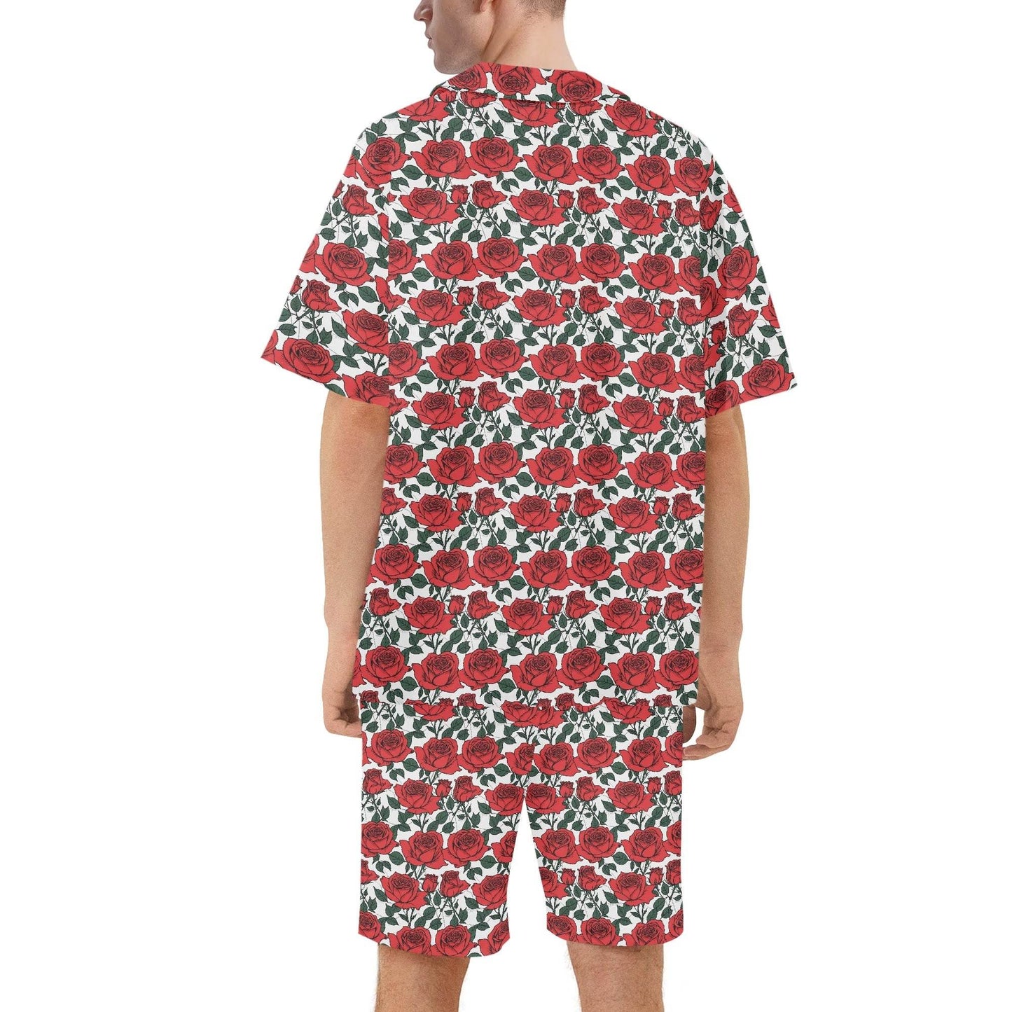 Men's Regular Fit Red Leafy Rose Hawaiian Short Sleeve Shirt and Shorts Set - DeRose Seasonal