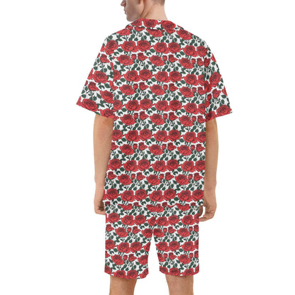 Men's Regular Fit Red Leafy Rose Hawaiian Short Sleeve Shirt and Shorts Set - DeRose Seasonal