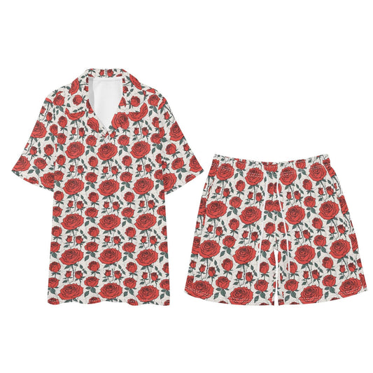 Men's Regular Fit Red Roses Hawaiian Short Sleeve Shirt and Shorts Set - DeRose Seasonal