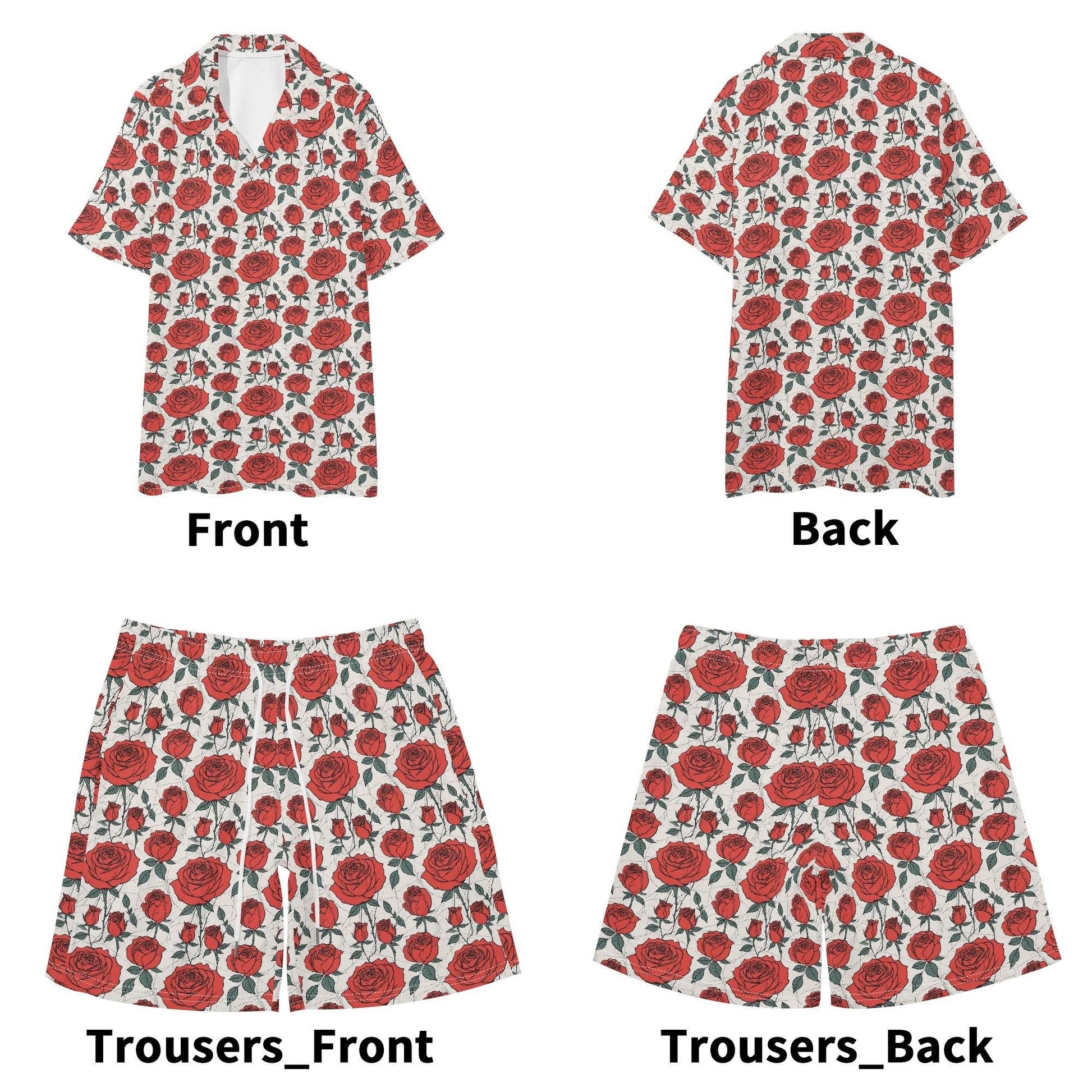 Men's Regular Fit Red Roses Hawaiian Short Sleeve Shirt and Shorts Set - DeRose Seasonal