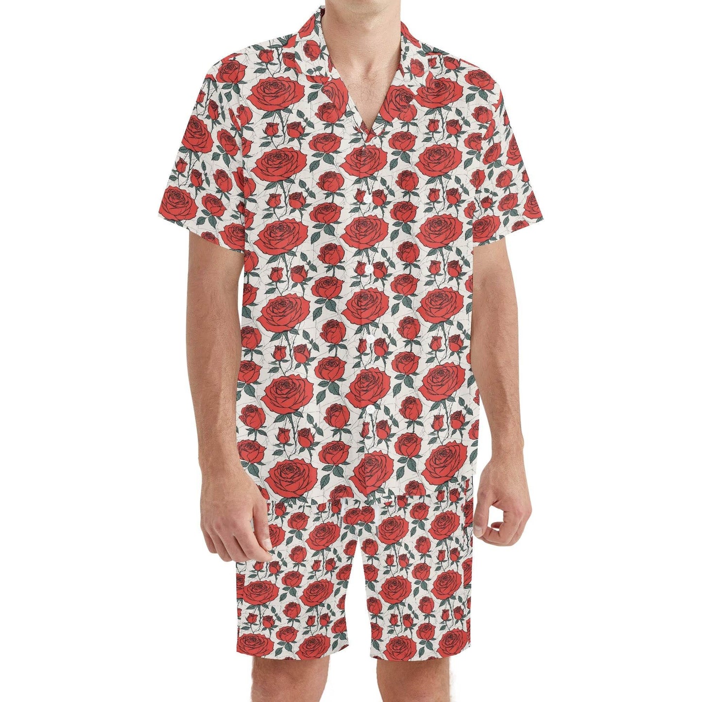 Men's Regular Fit Red Roses Hawaiian Short Sleeve Shirt and Shorts Set - DeRose Seasonal