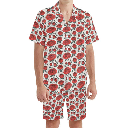 Men's Regular Fit Red Roses Hawaiian Short Sleeve Shirt and Shorts Set - DeRose Seasonal