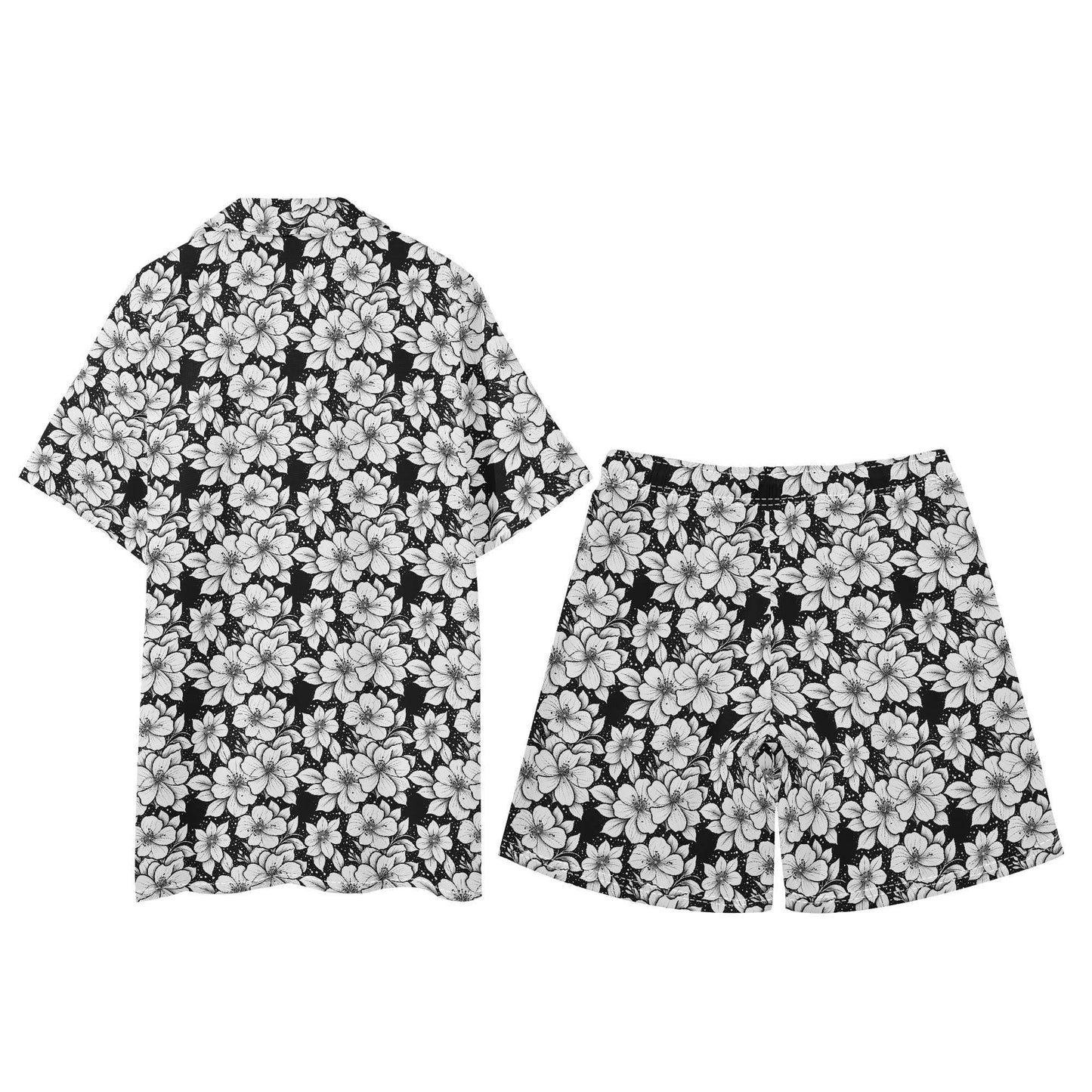 Men's Regular Fit Black and White Floral Hawaiian Short Sleeve Shirt and Shorts Set - DeRose Seasonal