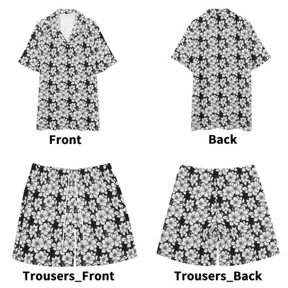 Men's Regular Fit Black and White Floral Hawaiian Short Sleeve Shirt and Shorts Set - DeRose Seasonal