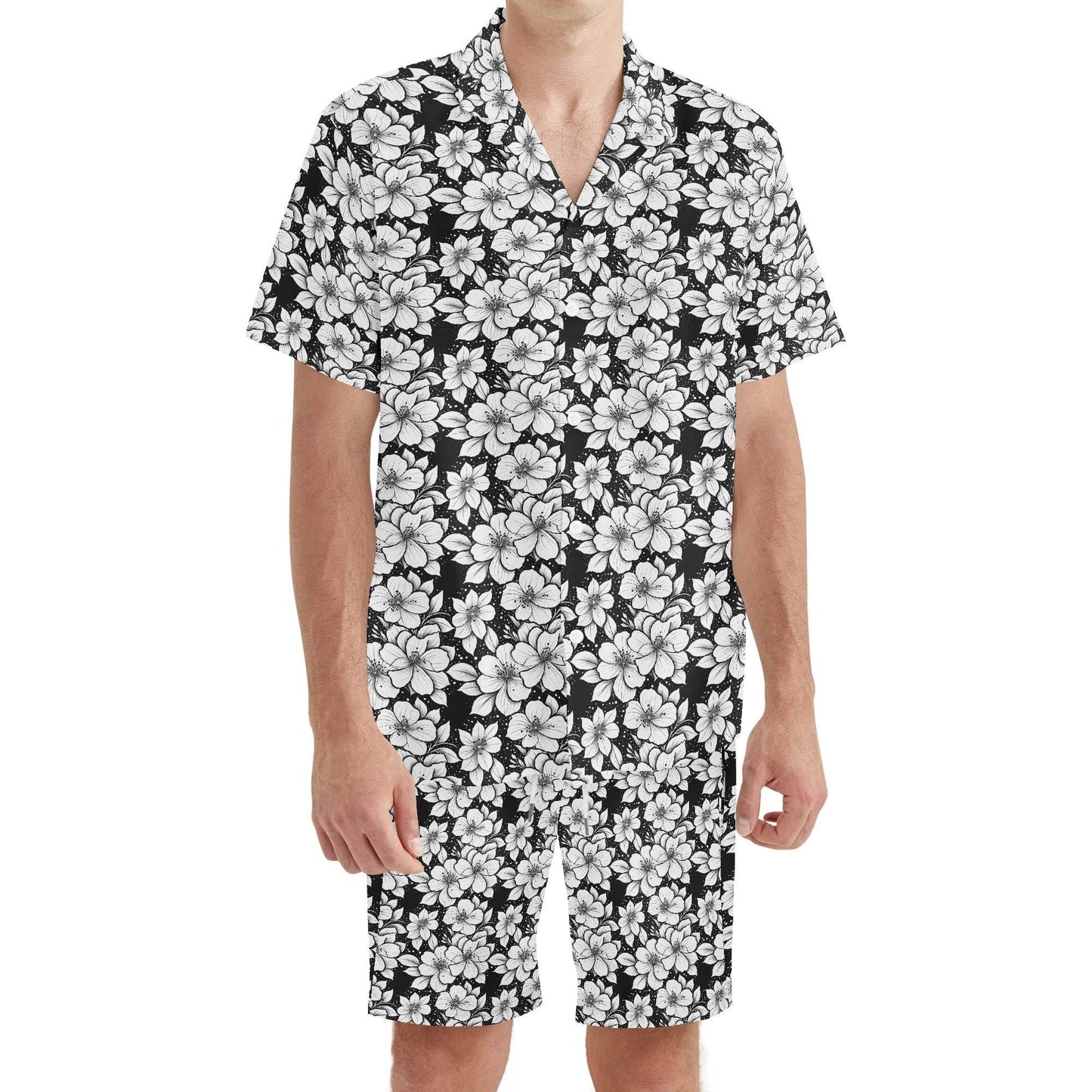 Men's Regular Fit Black and White Floral Hawaiian Short Sleeve Shirt and Shorts Set - DeRose Seasonal
