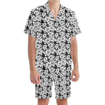 Men's Regular Fit Black and White Floral Hawaiian Short Sleeve Shirt and Shorts Set - DeRose Seasonal