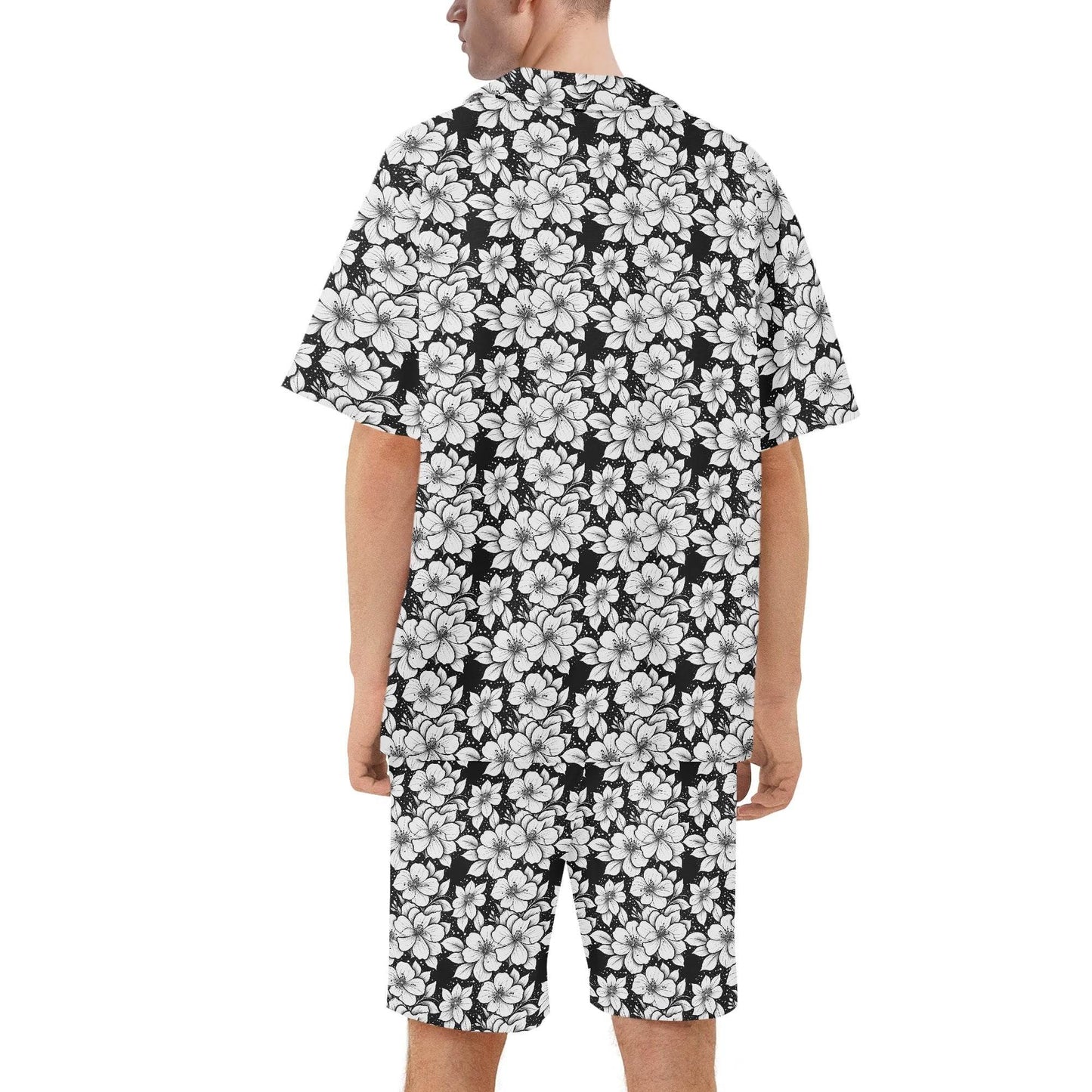 Men's Regular Fit Black and White Floral Hawaiian Short Sleeve Shirt and Shorts Set - DeRose Seasonal