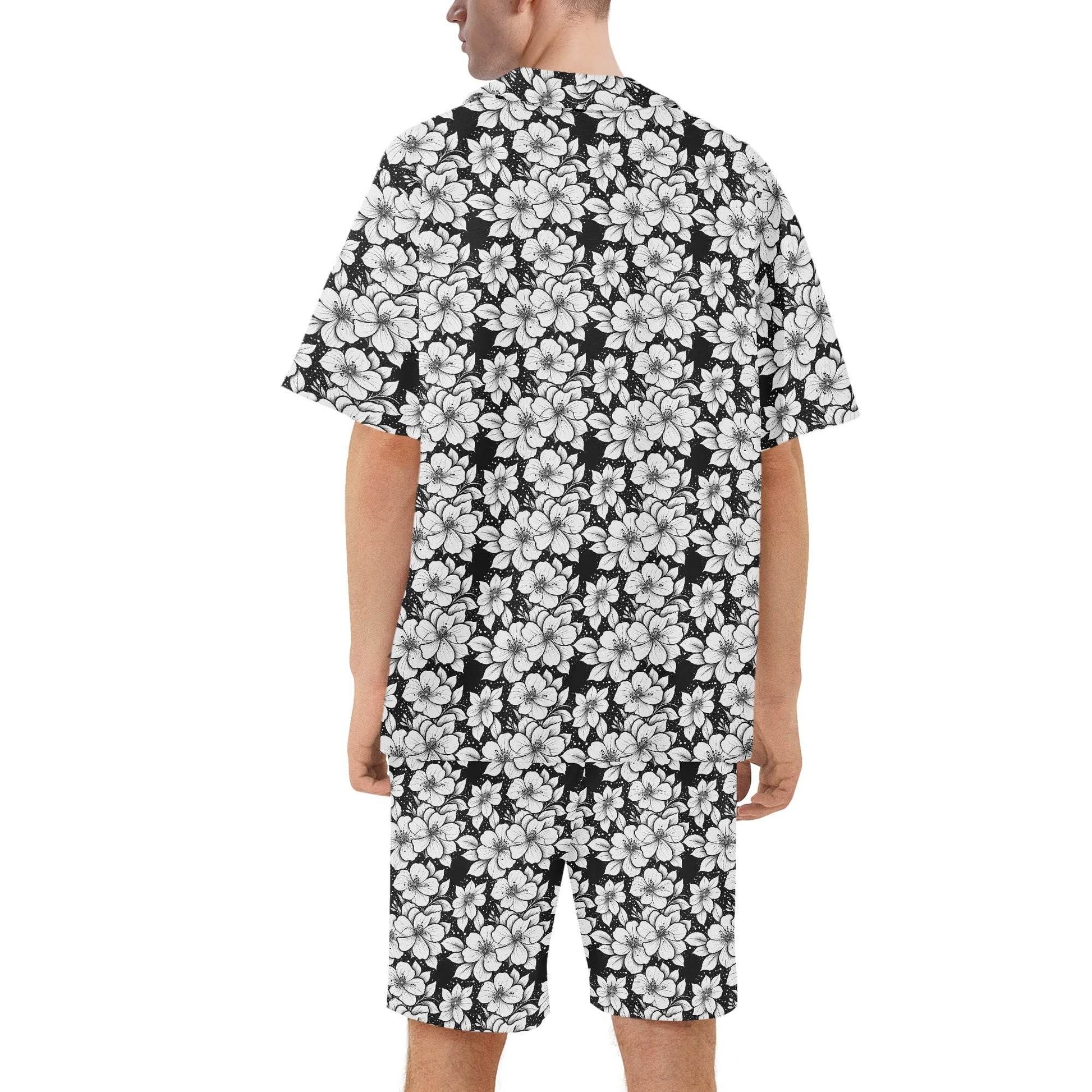 Men's Regular Fit Black and White Floral Hawaiian Short Sleeve Shirt and Shorts Set - DeRose Seasonal