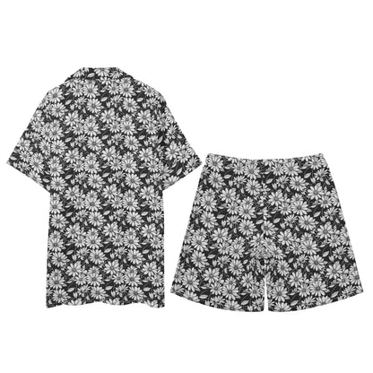Men's Regular Fit Black and White Daisy Hawaiian Short Sleeve Shirt and Shorts Set - DeRose Seasonal
